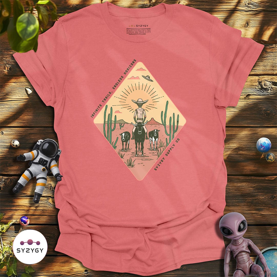Syzygy Supply T-Shirt Coral Silk / S Infinite Trails, Endless Horizons T-shirt Space Aliens UFO Apparel