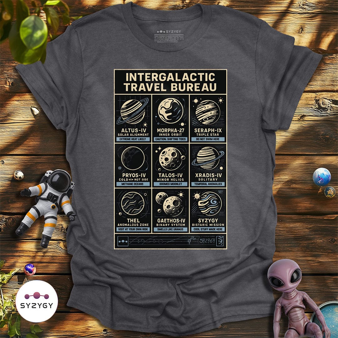Syzygy Supply T-Shirt Dark Heather Grey / S Intergalactic Travel Bureau T-shirt Space Aliens UFO Apparel