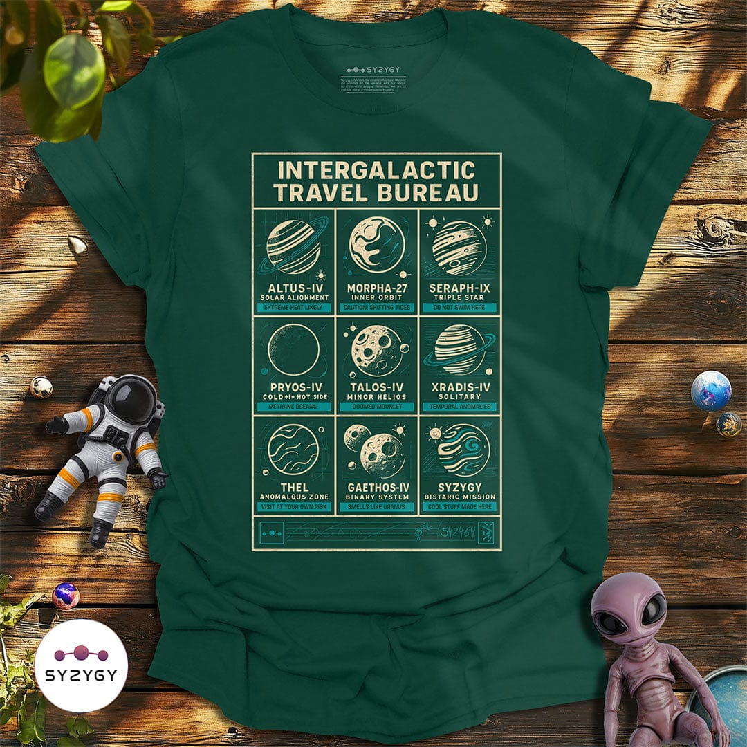 Syzygy Supply T-Shirt Forest Green / S Intergalactic Travel Bureau T-shirt Space Aliens UFO Apparel