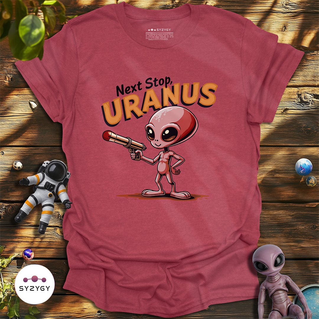Syzygy Supply T-Shirt Heather Cardinal / S Next Stop, Uranus T-shirt Space Aliens UFO Apparel
