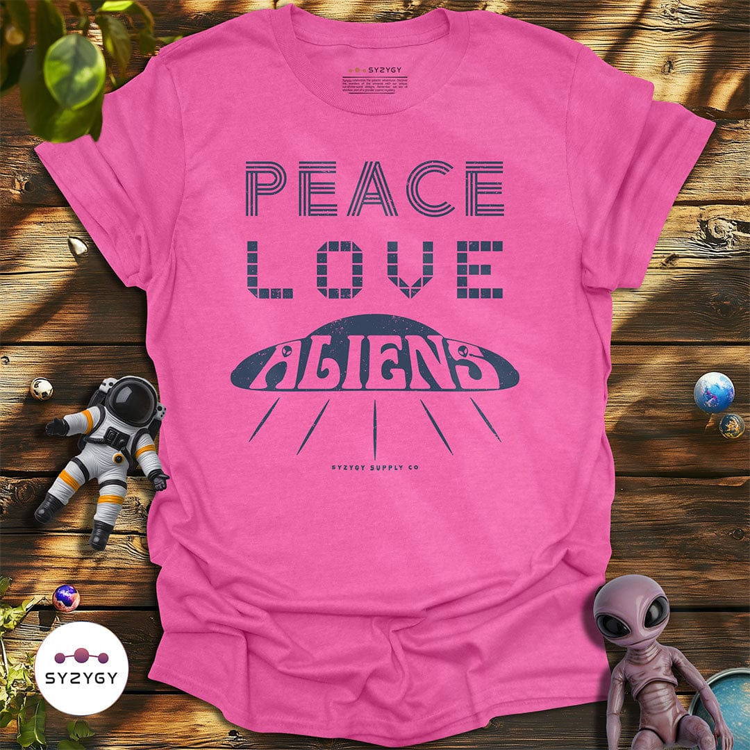 Syzygy Supply T-Shirt Heather Heliconia / S Peace, Love, Aliens T-shirt Space Aliens UFO Apparel
