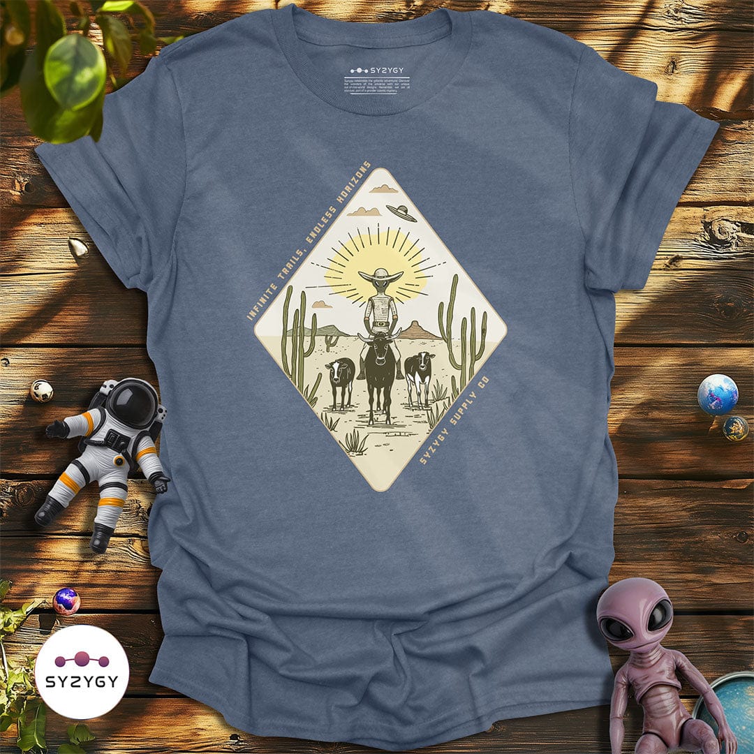 Syzygy Supply T-Shirt Heather Indigo / S Infinite Trails, Endless Horizons T-shirt Space Aliens UFO Apparel