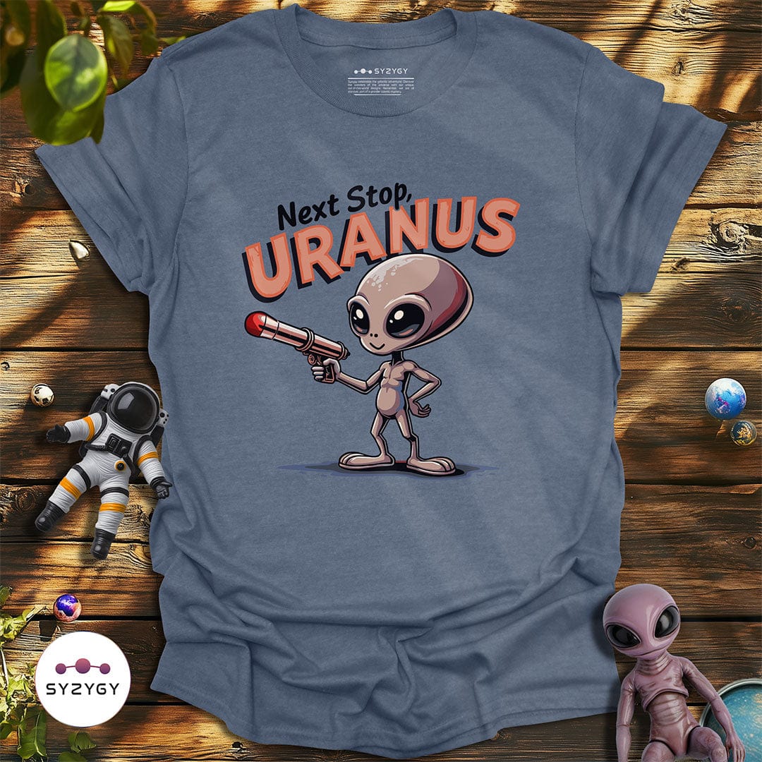 Syzygy Supply T-Shirt Heather Indigo / S Next Stop, Uranus T-shirt Space Aliens UFO Apparel