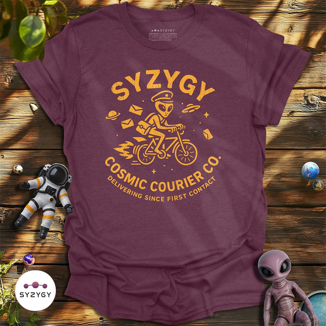 Syzygy Supply T-Shirt Heather Maroon / S Cosmic Courier T-shirt Space Aliens UFO Apparel