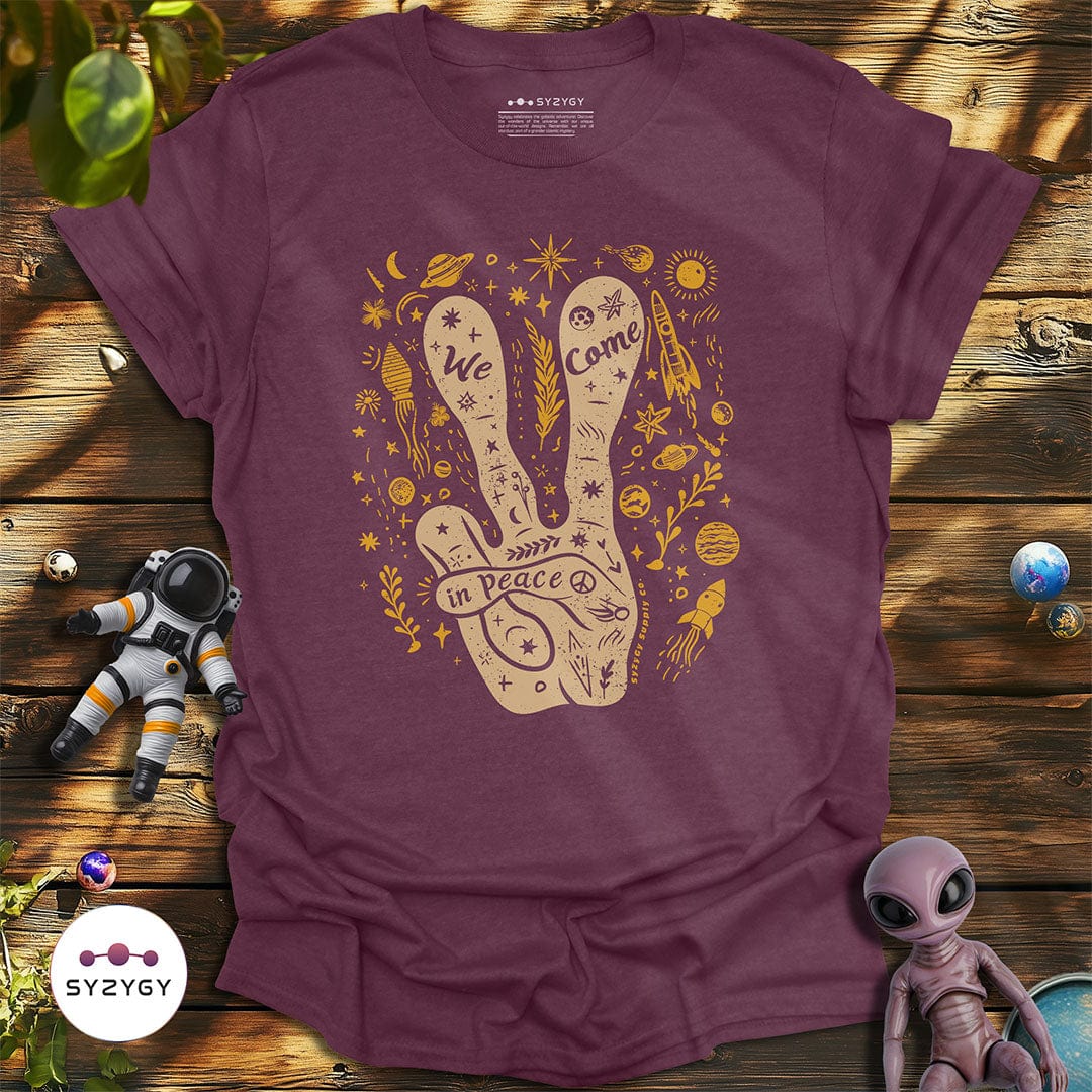 Syzygy Supply T-Shirt Heather Maroon / S We Come in Peace T-shirt Space Aliens UFO Apparel