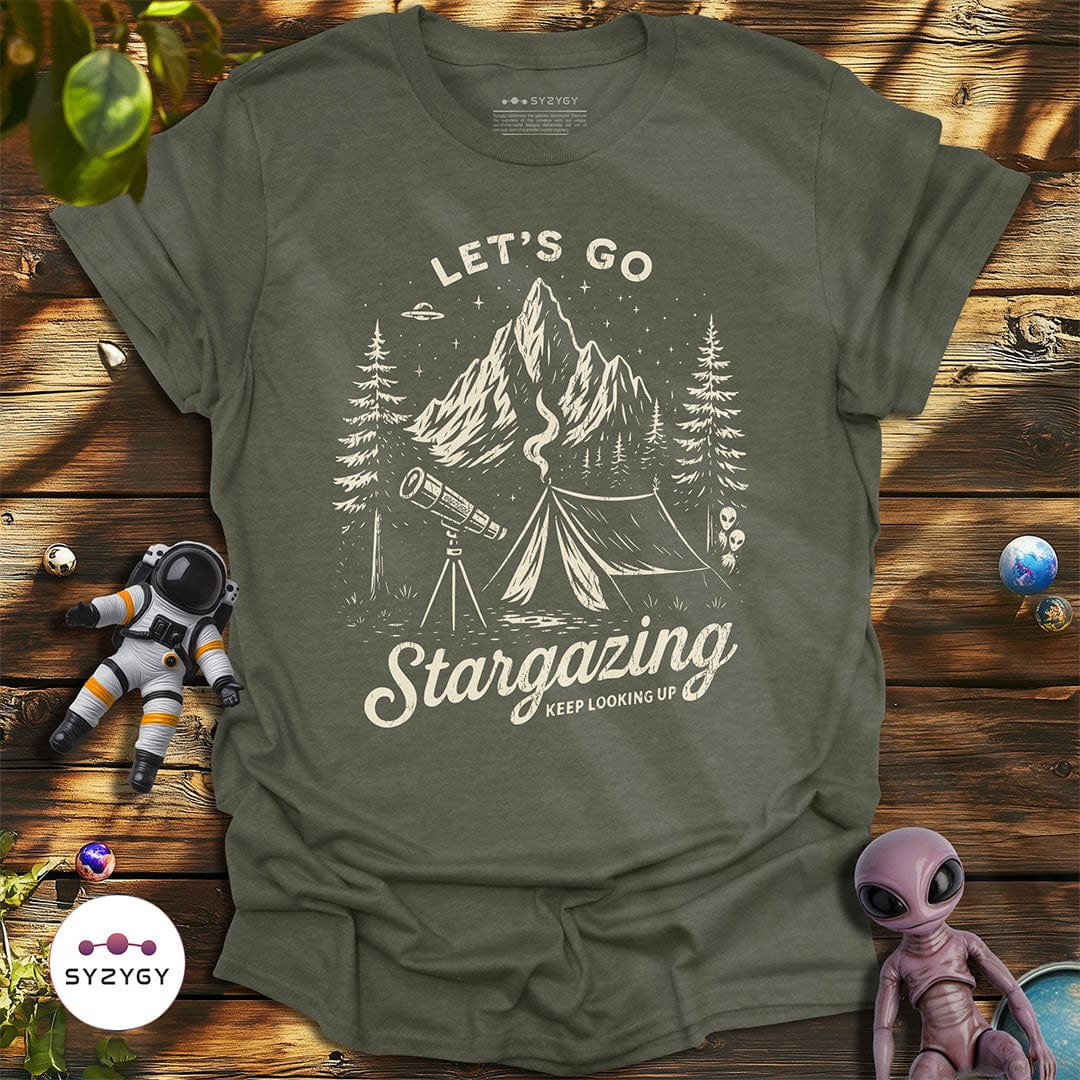 Syzygy Supply T-Shirt Heather Military Green / S Let's Go Stargazing T-shirt Space Aliens UFO Apparel