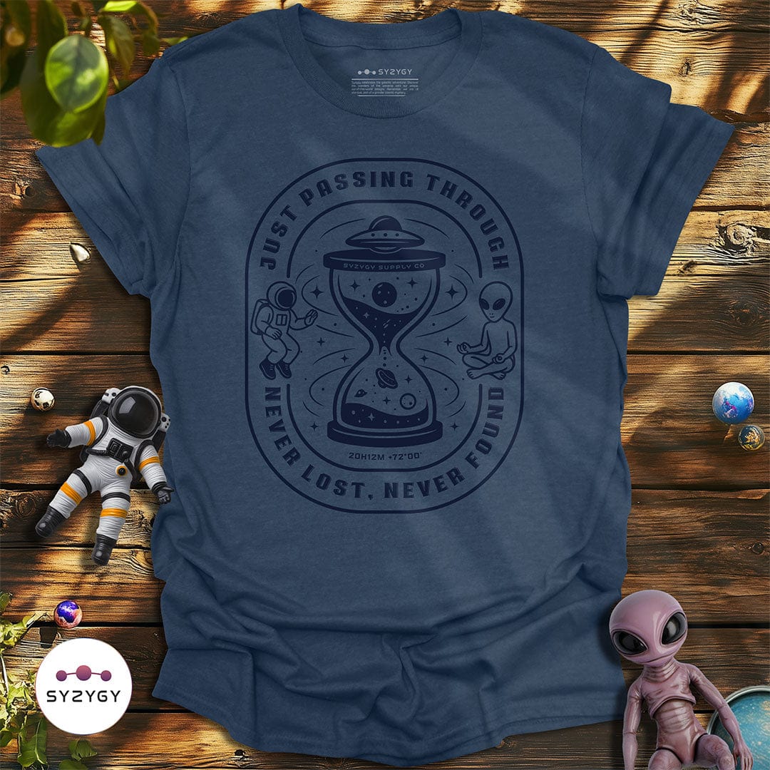 Syzygy Supply T-Shirt Heather Navy / S Just Passing Through T-shirt Space Aliens UFO Apparel