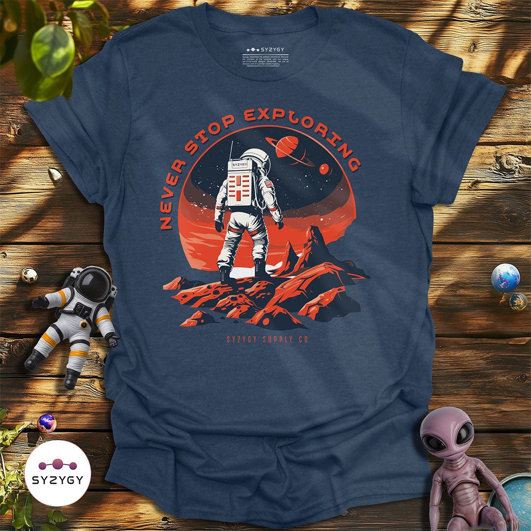 Syzygy Supply T-Shirt Heather Navy / S Never Stop Exploring T-shirt Space Aliens UFO Apparel
