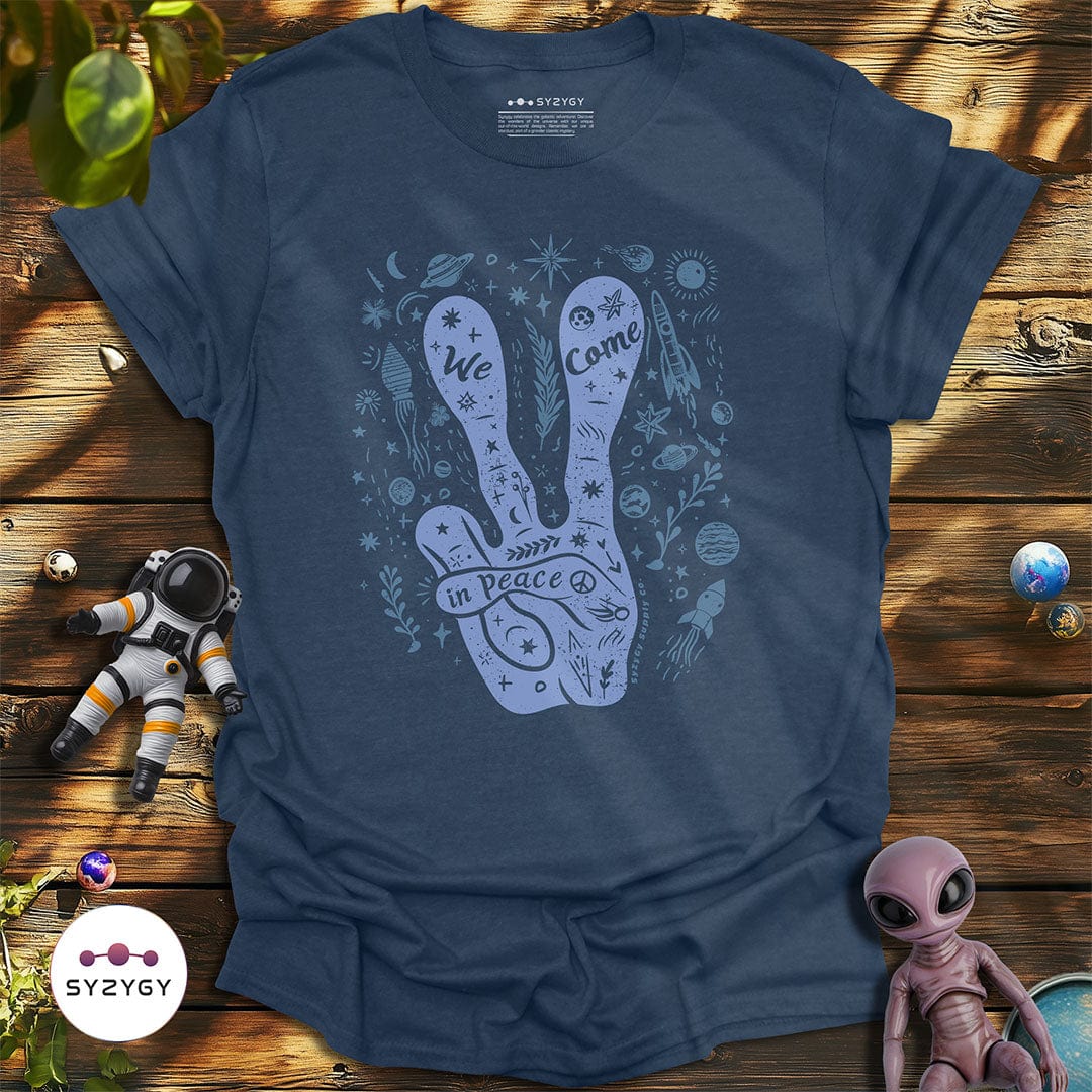Syzygy Supply T-Shirt Heather Navy / S We Come in Peace T-shirt Space Aliens UFO Apparel