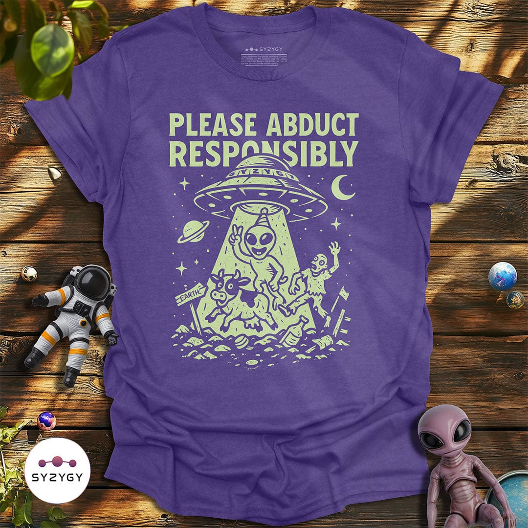 Syzygy Supply T-Shirt Heather Purple / S Please Abduct Responsibly T-shirt Space Aliens UFO Apparel