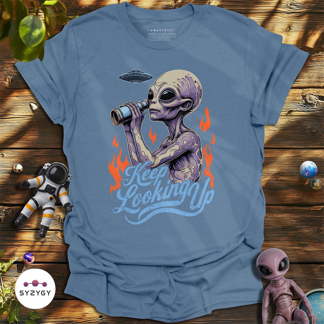Syzygy Supply T-Shirt Indigo Blue / S Keep Looking Up T-shirt Space Aliens UFO Apparel