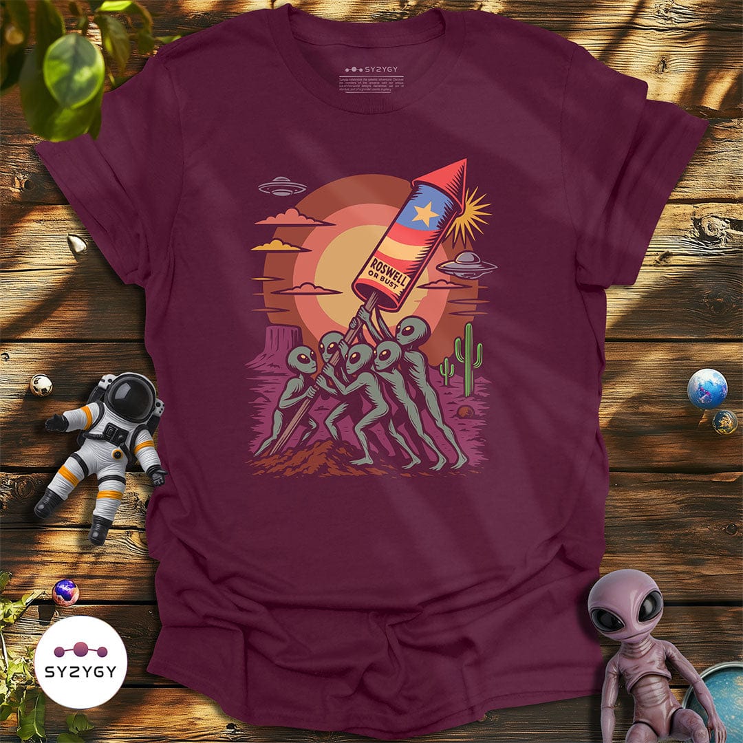 Syzygy Supply T-Shirt Maroon / S Stars Stripes & Saucers T-shirt Space Aliens UFO Apparel