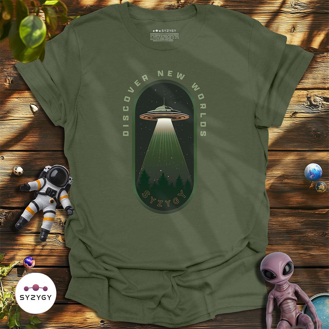 Syzygy Supply T-Shirt Military Green / S Discover New Worlds T-shirt Space Aliens UFO Apparel