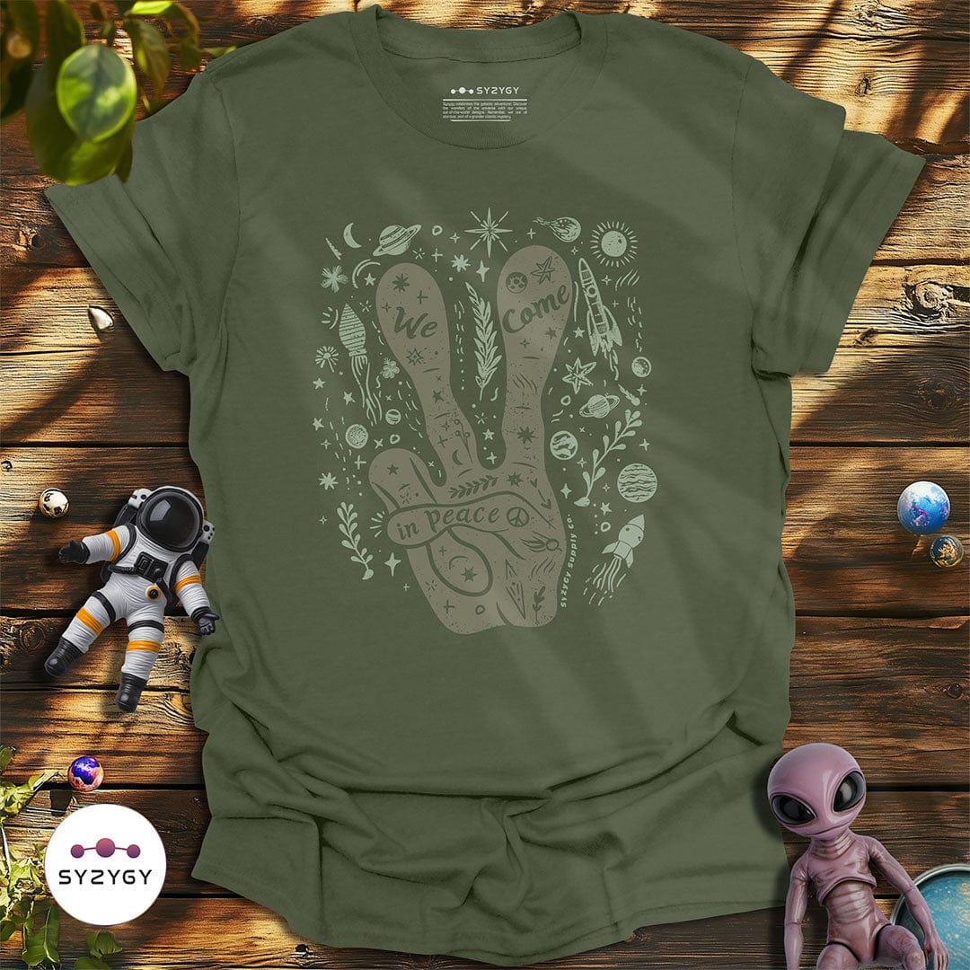 Syzygy Supply T-Shirt Military Green / S We Come in Peace T-shirt Space Aliens UFO Apparel