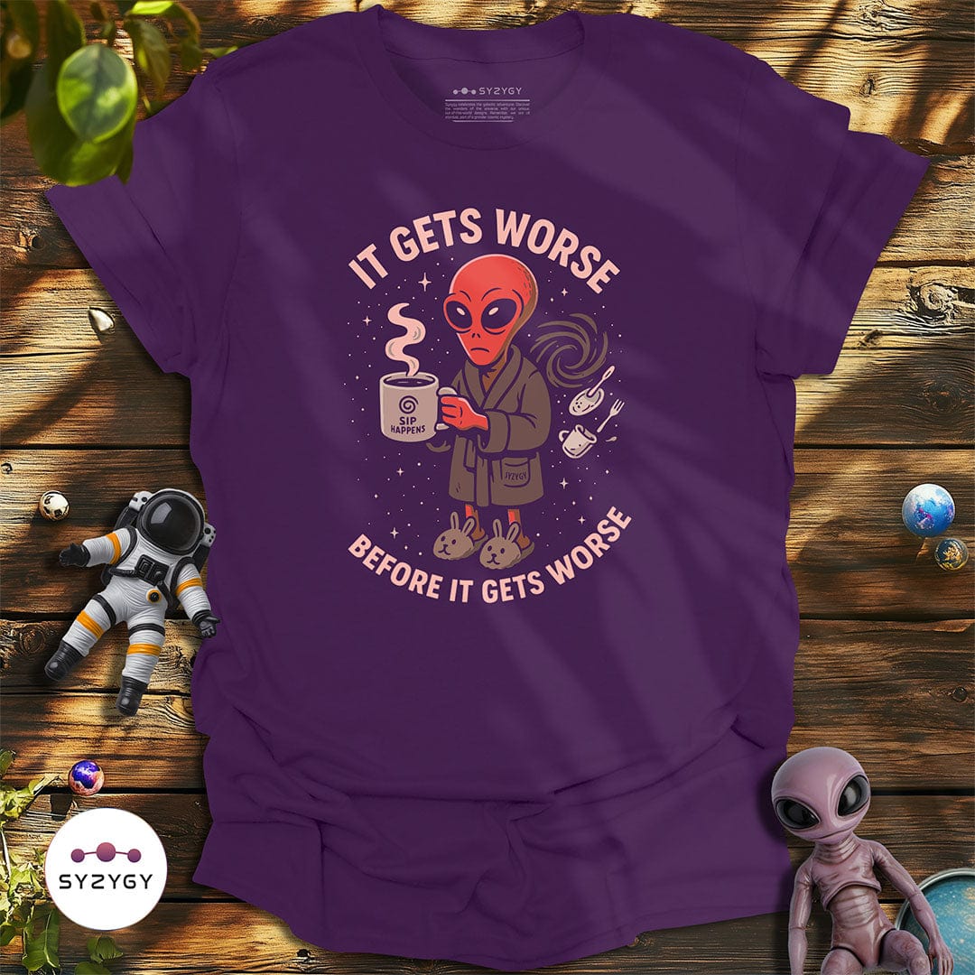 Syzygy Supply T-Shirt Purple / S It Gets Worse T-shirt Space Aliens UFO Apparel