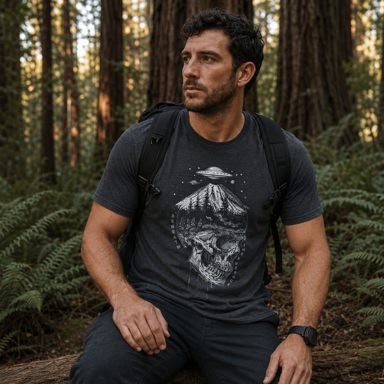 Hiking man resting in the woods wearing a grey t-shirt with a skull design