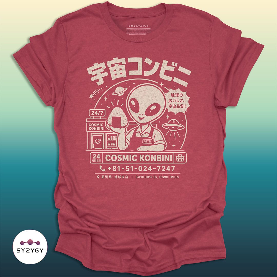 Syzygy Supply T-Shirt Heather Cardinal / S Cosmic Konbini T-shirt Space Aliens UFO Apparel