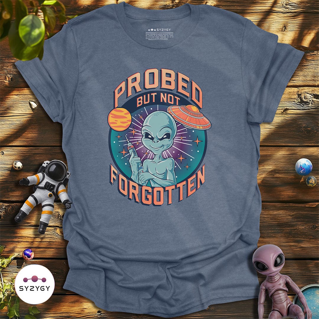 Syzygy Supply T-Shirt Heather Indigo / S Probed But Not Forgotten T-shirt Space Aliens UFO Apparel