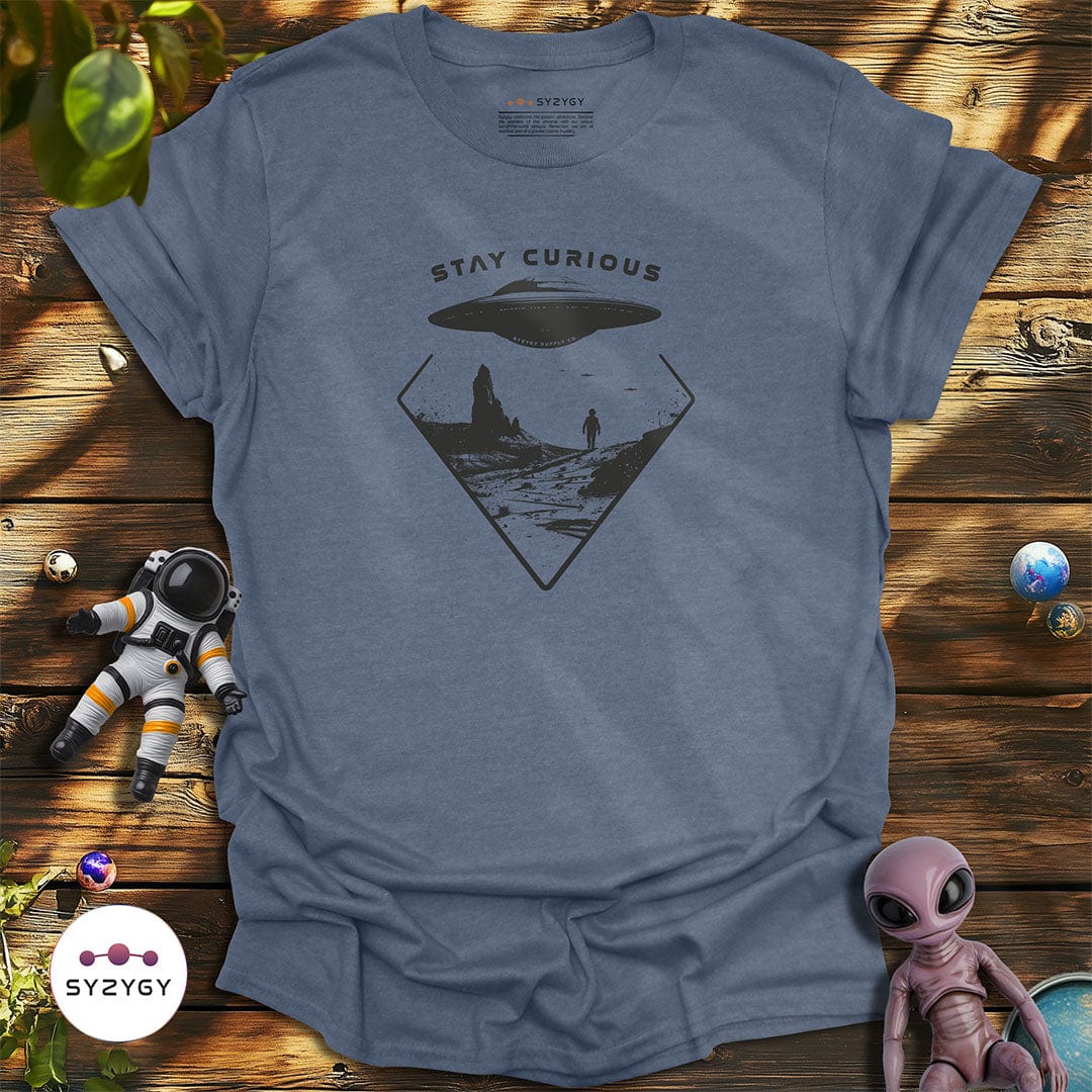 Syzygy Supply T-Shirt Heather Indigo / S Stay Curious T-shirt Space Aliens UFO Apparel