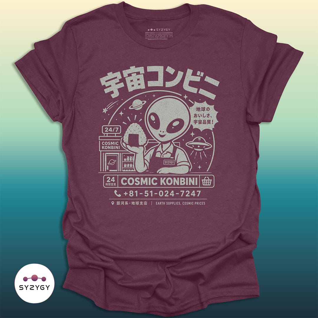 Syzygy Supply T-Shirt Heather Maroon / S Cosmic Konbini T-shirt Space Aliens UFO Apparel