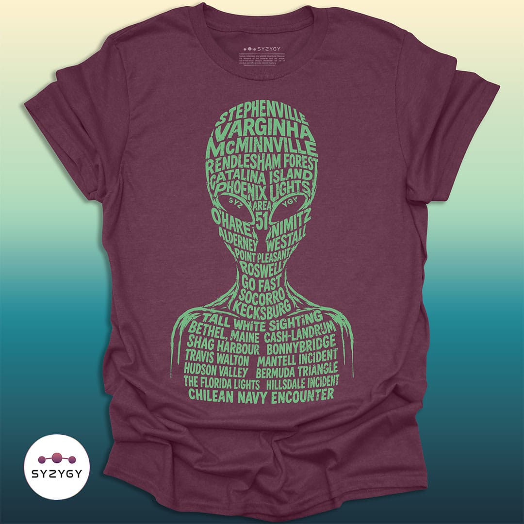 Syzygy Supply T-Shirt Heather Maroon / S The Encounter Index T-shirt Space Aliens UFO Apparel