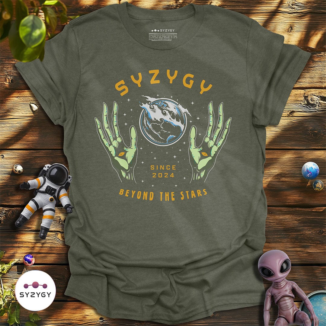 Syzygy Supply T-Shirt Heather Military Green / S Beyond the Stars T-shirt Space Aliens UFO Apparel
