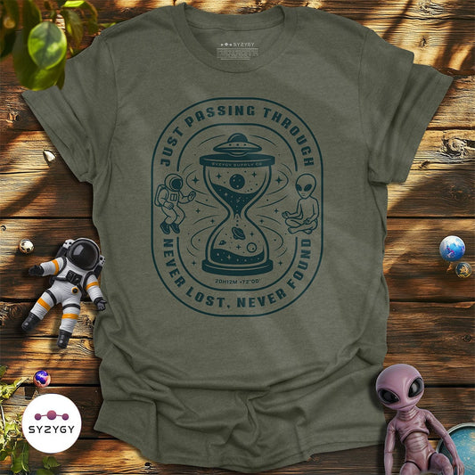 Syzygy Supply T-Shirt Heather Military Green / S Just Passing Through T-shirt Space Aliens UFO Apparel