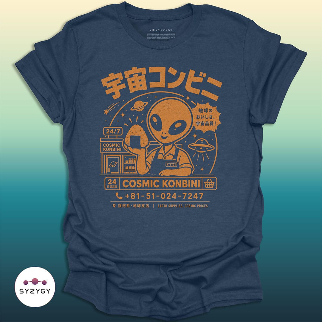 Syzygy Supply T-Shirt Heather Navy / S Cosmic Konbini T-shirt Space Aliens UFO Apparel