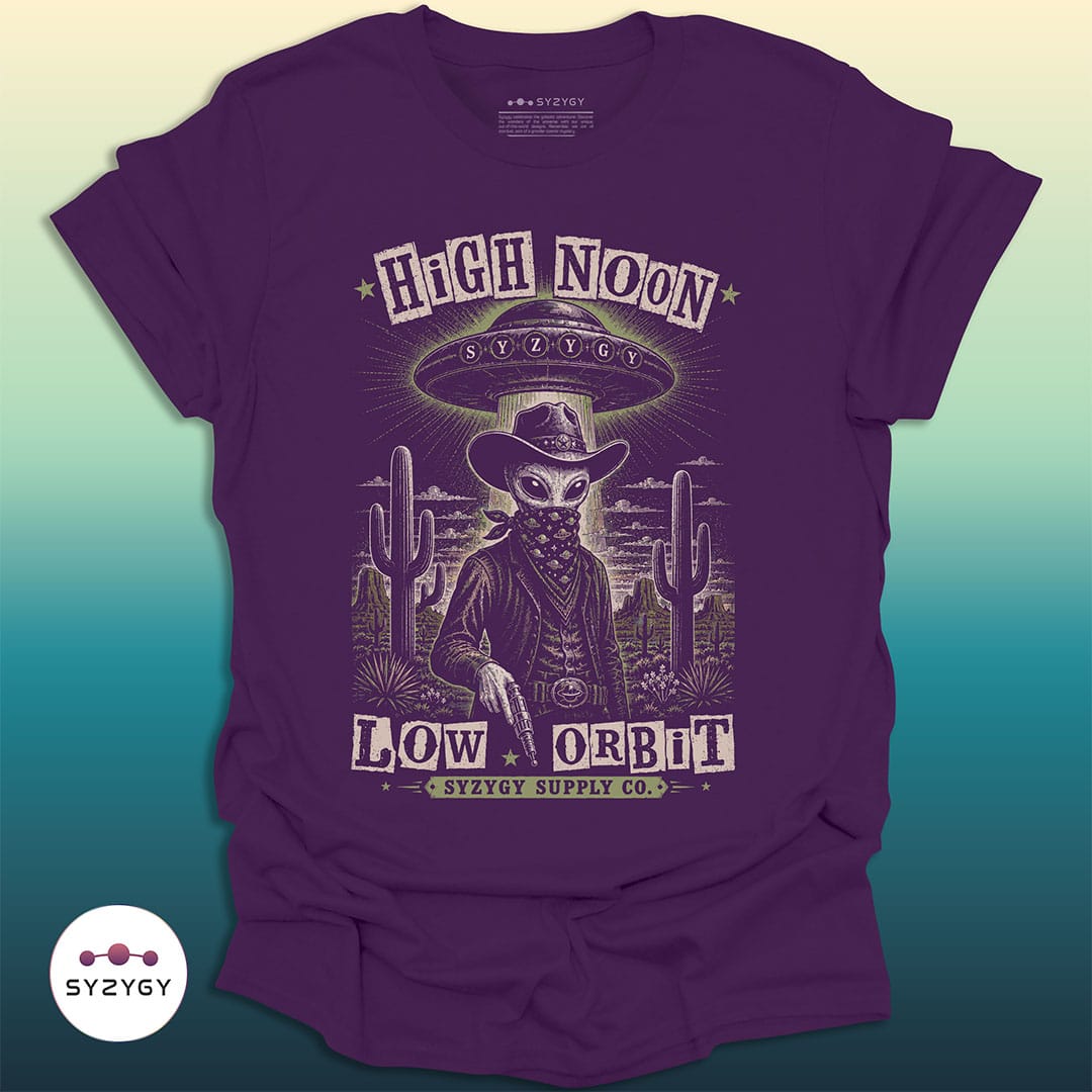 Syzygy Supply T-Shirt Purple / S High Noon, Low Orbit T-shirt Space Aliens UFO Apparel